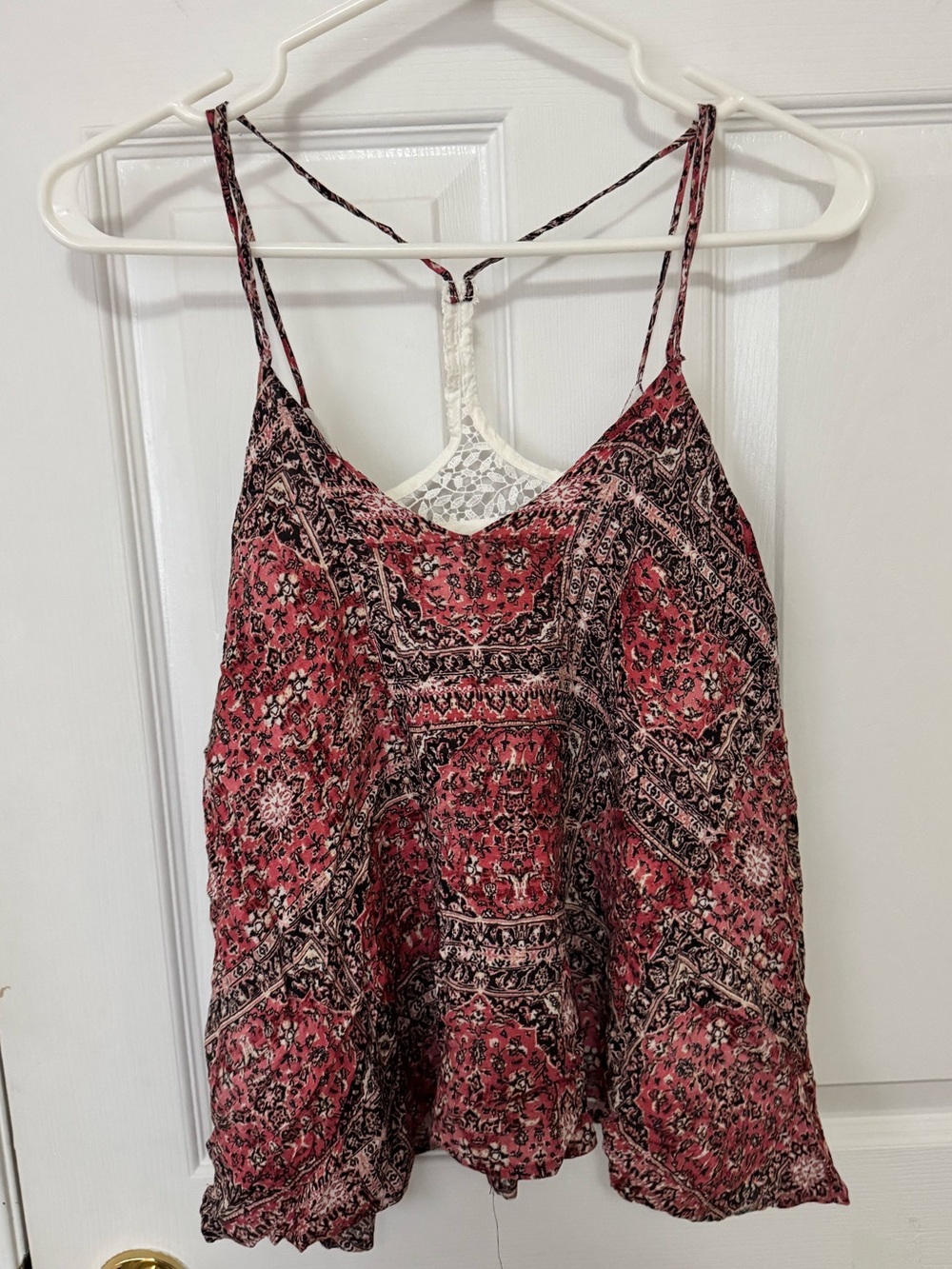 Bershka Sleeveless Pink Paisley Print Lace-Back Tank Top